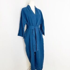 OFFON Clothing Linen Jumpsuit – Blue Belted Jumpsuit with Pockets – Size M/L